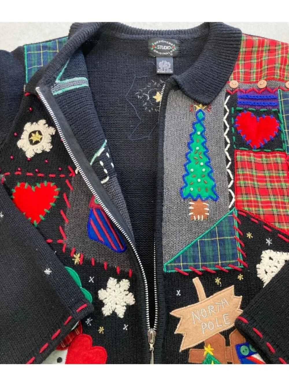 Designers Studio Patchwork Christmas Cardigan PL Black Sweater Snowman Holiday